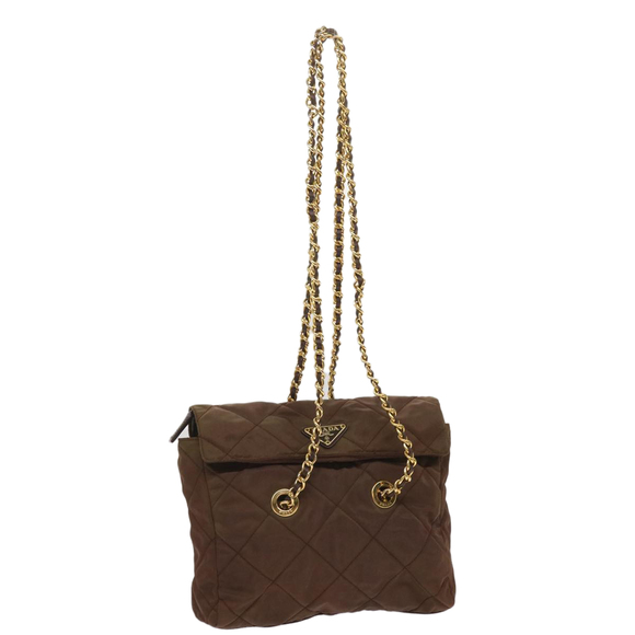 PRADA Quilted Chain Shoulder Bag Nylon Brown Auth yk10527 - Picture 1 of 16